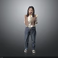 Child Wearing Brown Vest White Long Sleeve Blue Jeans White Shoes Against Gray Gradient Background