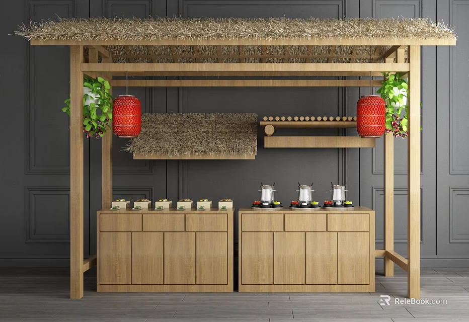 Traditional Thatched Roof Pavilion With Red Lanterns Green Plants And Wooden Cabinets 3d model 
