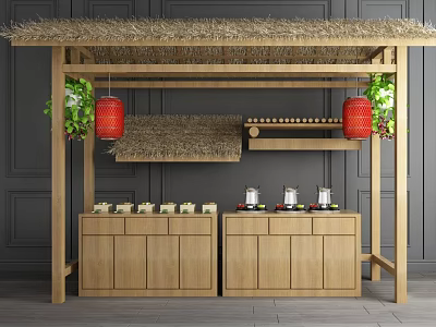 Traditional Thatched Roof Pavilion With Red Lanterns Green Plants And Wooden Cabinets 3d model