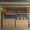 Traditional Thatched Roof Pavilion With Red Lanterns Green Plants And Wooden Cabinets