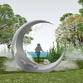 Silver Circular Metallic Landscape Sculpture With Green Grassland Trees Mist And Blue Sky