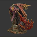 Purple Red Dragon Statue With Yellow Accents And Flame Details On Rock Base