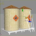 Yellow Agricultural Hardware Tools Beside Two Grain Containers With Chinese Harvest Symbols