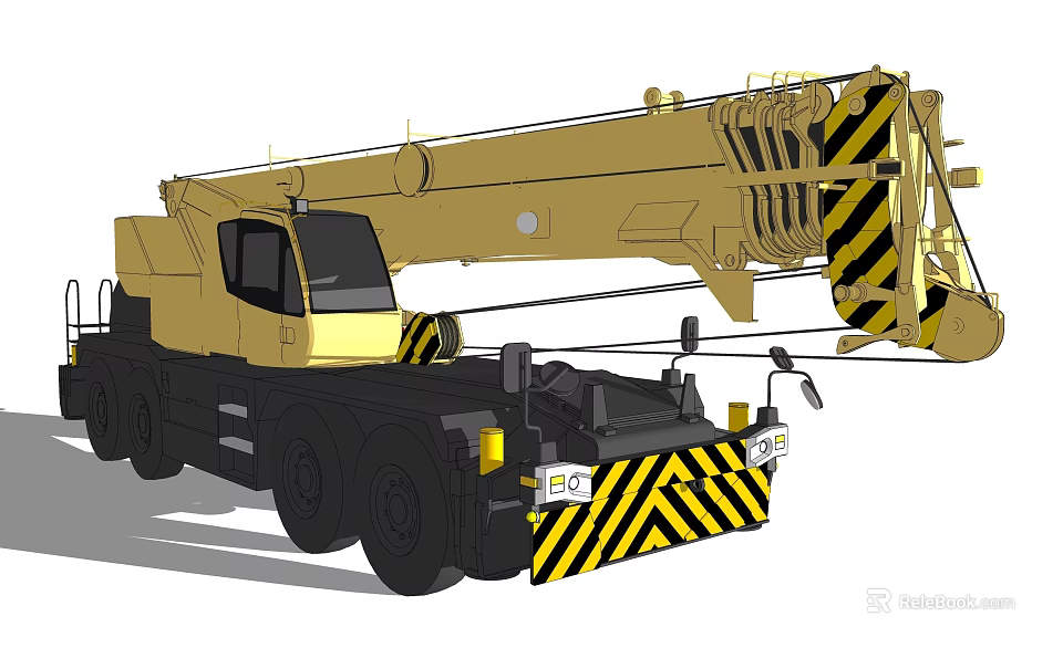 Yellow Construction Crane Truck With Long Boom And Black Yellow Warning Stripes 3d model 
