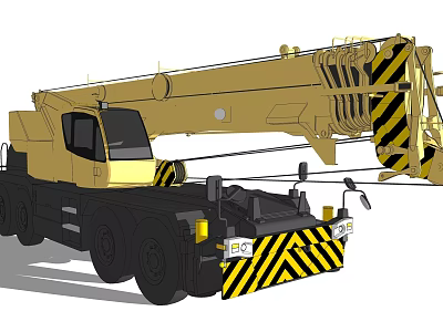 Yellow Construction Crane Truck With Long Boom And Black Yellow Warning Stripes 3d model