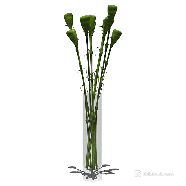 Clear Glass Vase With Fresh Green Flower Buds And Long Stems Design 3d model 