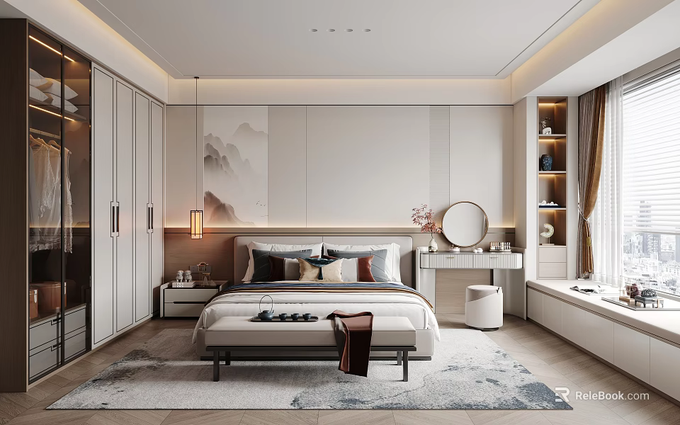 Modern Minimalist Bedroom Interior With Bedside Landscape Painting Round Mirror And Area Rug 3d model 