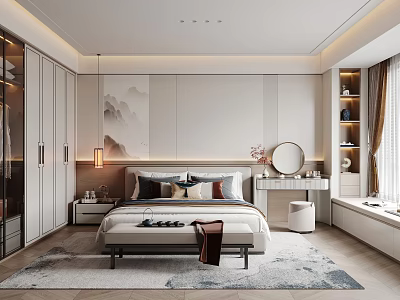 Modern Minimalist Bedroom Interior With Bedside Landscape Painting Round Mirror And Area Rug 3d model