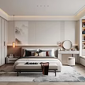Modern Minimalist Bedroom Interior With Bedside Landscape Painting Round Mirror And Area Rug
