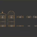Golden Metal Birdcage Decorative Items With Circular Rings And Reflections On Dark Surface