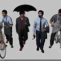 Four People Walking Together With Bicycles Umbrella and Various Outfits