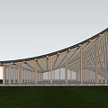 Modern Sales Office Building With Curved Roof Surrounded by Tall Trees and Stone Path