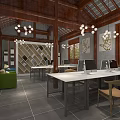 Chinese Style Reception Area With Wooden Bar Counter Lattice Windows And Dining Seating