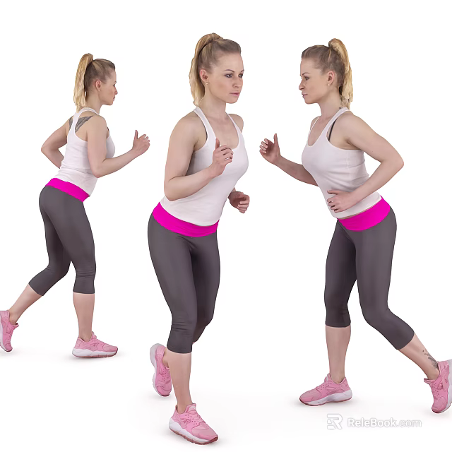Women in White Tank Tops and Gray Leggings Jogging with Pink Waistband and Sneakers 3d model 