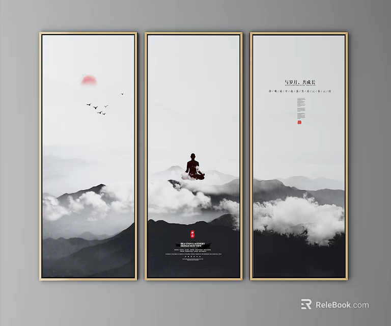 Eastern Ink Style Landscape Painting With Red Sun Cloud Sea Flying Birds And Meditating Figure 3d model 