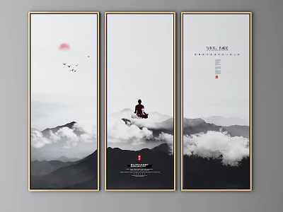 Eastern Ink Style Landscape Painting With Red Sun Cloud Sea Flying Birds And Meditating Figure 3d model