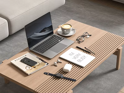 Modern Laptop on Wooden Coffee Table with Coffee Cup Eyeglasses Notebook Magazine and Earbuds 3d model