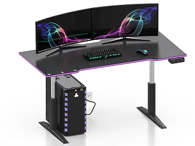 Gaming PC Setup With Dual Curved Monitors Keyboard Mouse And LED Gaming Desk 3d model