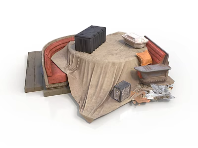Detailed Scene Component With Curved Red Seats Table Cloth Black Box And Orange Cushion 3d model