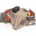 Detailed Scene Component With Curved Red Seats Table Cloth Black Box And Orange Cushion