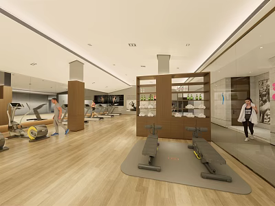 Modern Fitness Gym Interior With Workout Equipment And People Exercising On Wooden Flooring 3d model