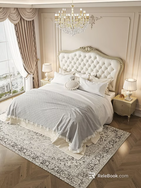 Cozy Elegant Bedroom With Ornate Tufted Headboard Soft Gray Blanket And Bedside Lamps 3d model 