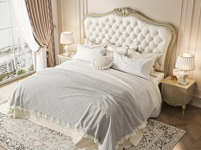 Cozy Elegant Bedroom With Ornate Tufted Headboard Soft Gray Blanket And Bedside Lamps 3d model