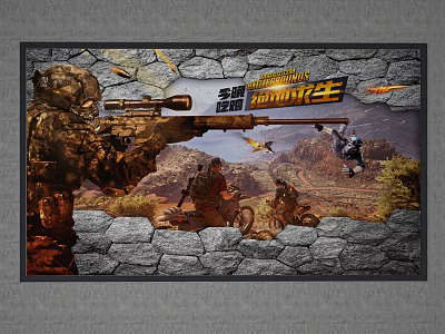 Battle Royale Game Scene With Soldiers Sniper Rifle And Motorcycle In Rocky Terrain 3d model