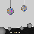 Spherical Pendant Lights with Colorful Dots Design in Purple Wall Interior and White Spherical Decorations