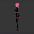 Woman with pink hair in black tight outfit with pink accents standing against gray background