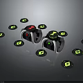 Multiple Black And Green Electronic Devices With Circular Sensors And Main Units 3d model