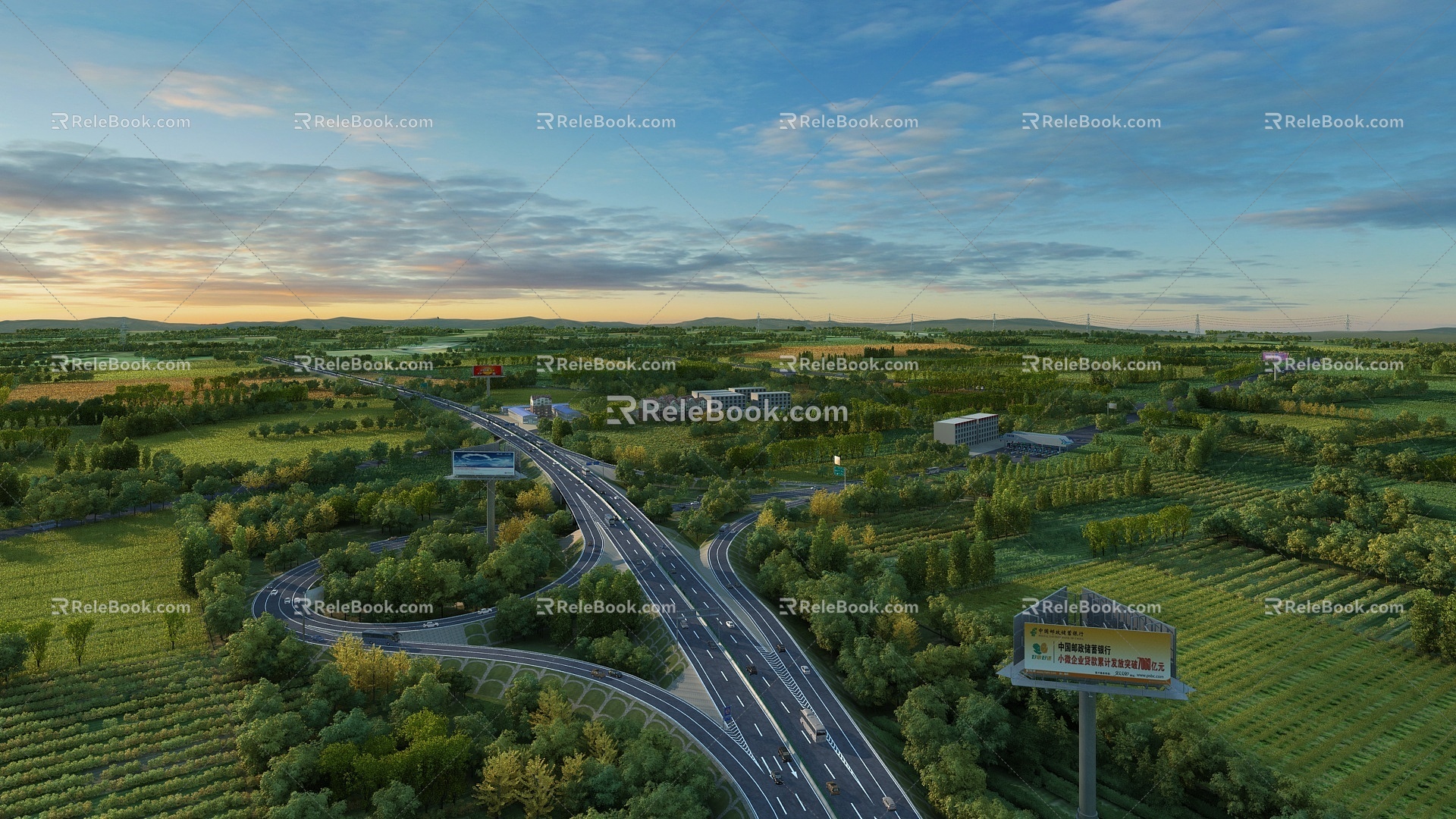 Highway Wheat Field Farmland Village 3d model