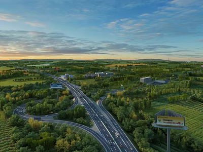 Aerial Planning Layout With Road Network Green Areas Buildings And Sunset Landscape 3d model