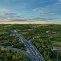Aerial Planning Layout With Road Network Green Areas Buildings And Sunset Landscape