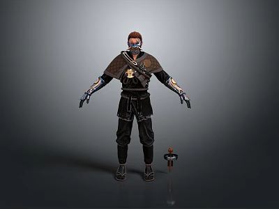 Man In Leather Armor With Tattoos Standing Beside Sword In Gray Background 3d model