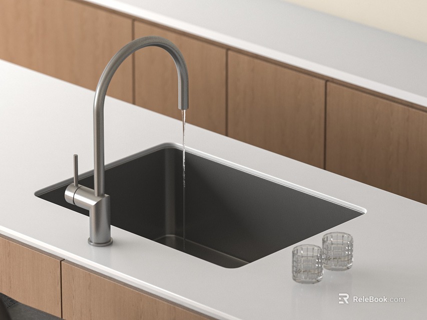 Modern Black Kitchen Sink with Silver Faucet on White Countertop and Wooden Cabinets 3d model 