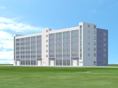 Modern Office Building With Light Gray White Exterior Large Windows Green Lawn And Blue Sky 3d model