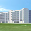 Modern Office Building With Light Gray White Exterior Large Windows Green Lawn And Blue Sky