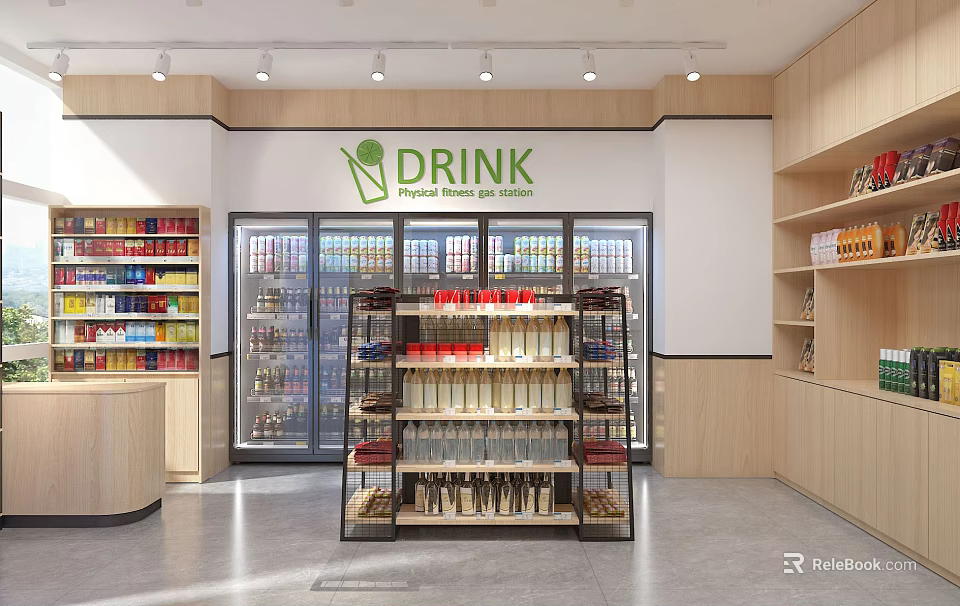 Supermarket Beverage Section With Refrigerated Display Cases And Shelves Of Various Drinks 3d model 