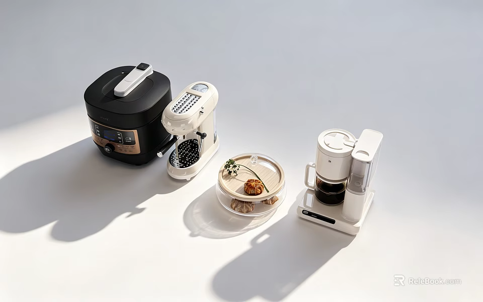 Modern Black And White Kitchen Appliances With Rice Cooker Coffee Maker And Food Container 3d model 