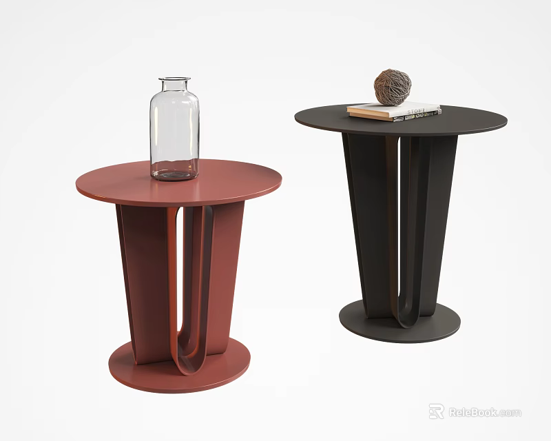 Red And Black Round Side Tables With Unique Base Design And Decorative Items 3d model