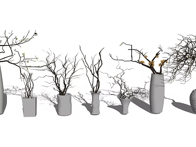 Multiple Gray Vases With Various Designs Holding Branches And Yellow Flowers 3d model