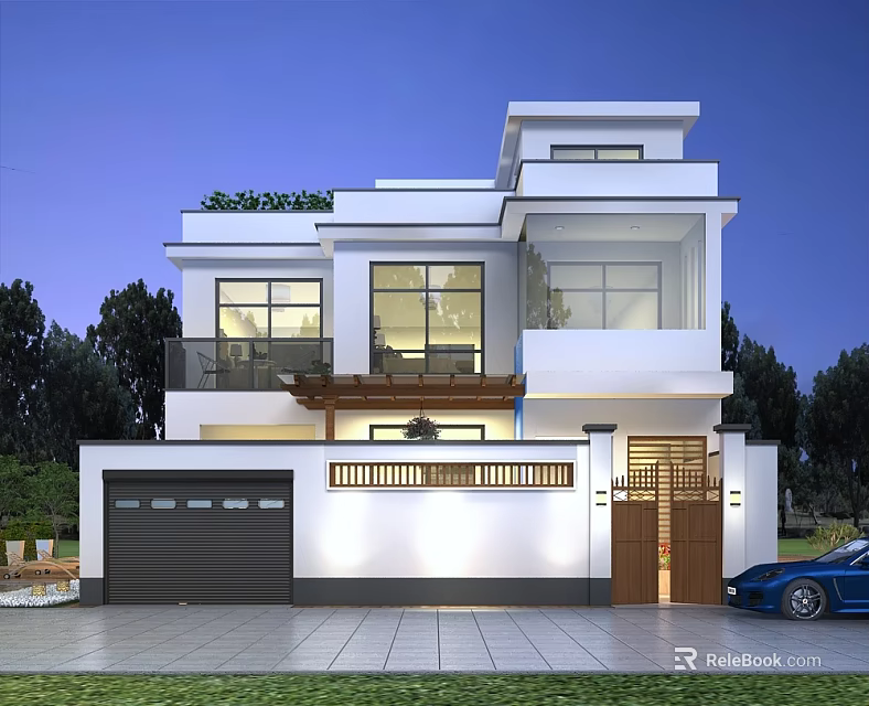 Modern Two Story Detached Villa Exterior With Large Windows Roof Greenery Garage And Wooden Door 3d model 