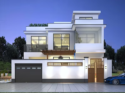 Modern Two Story Detached Villa Exterior With Large Windows Roof Greenery Garage And Wooden Door 3d model