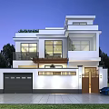 Modern Two Story Detached Villa Exterior With Large Windows Roof Greenery Garage And Wooden Door