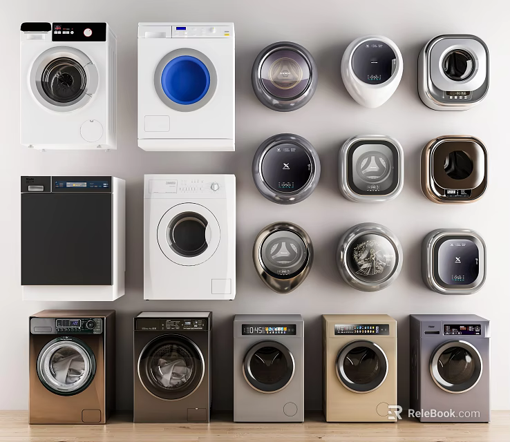 Diverse Modern Washing Machines With Various Front Panel And Control Design Styles 3d model 