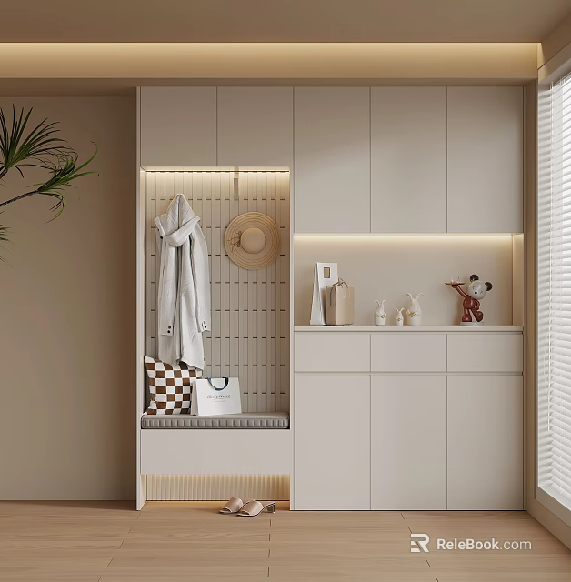 Modern Entryway With White Cabinets Coat Hat Bench And Decorative Items 3d model 