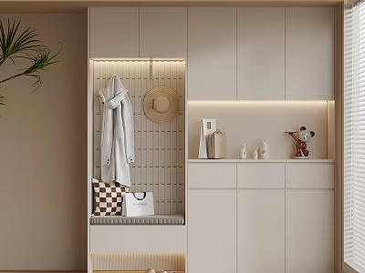 Modern Entryway With White Cabinets Coat Hat Bench And Decorative Items 3d model