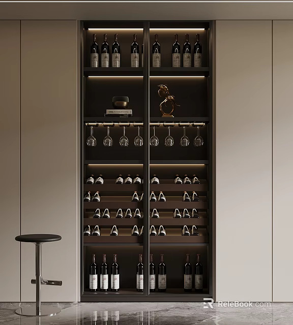 Stylish Wine Cabinet Interior With Glass Holder Wine Bottle Storage And Decorative Figurine 3d model 
