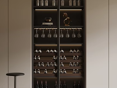 Stylish Wine Cabinet Interior With Glass Holder Wine Bottle Storage And Decorative Figurine 3d model